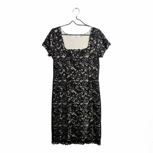 Josie Natori Black Lace Nude Lining Dress Square Neck Short Sleeve Zipper 12